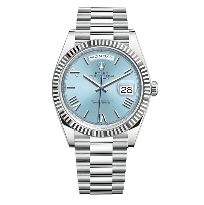 Rolex Day-Date 40 Platinum Ice Blue Index Dial Roman Numbers