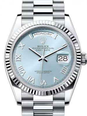 Rolex Day-Date 36 President Platinum Ice Blue Roman Dial & Fluted Bezel 128236