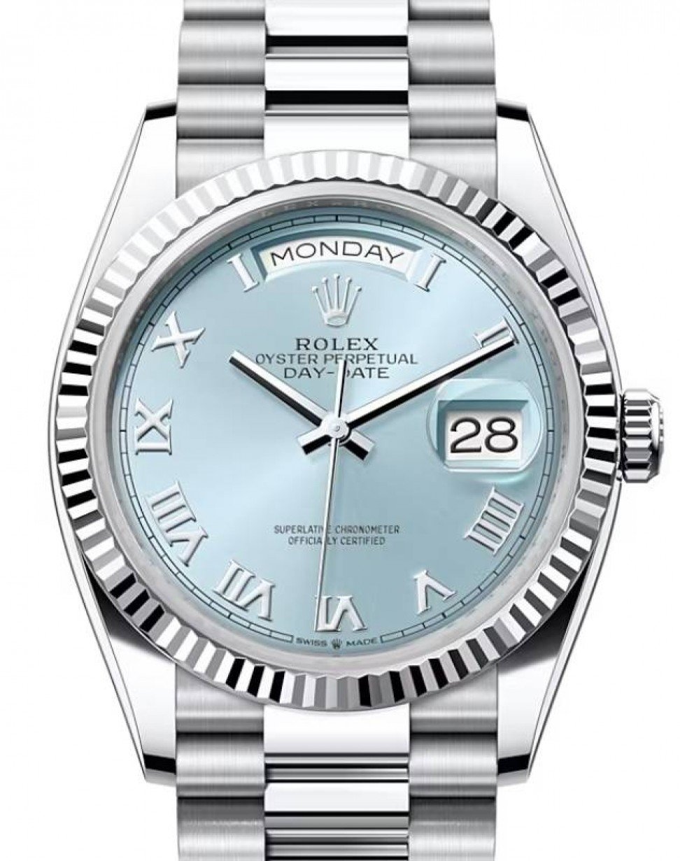 Rolex Day-Date 36 President Platinum Ice Blue Roman Dial & Fluted Bezel 128236