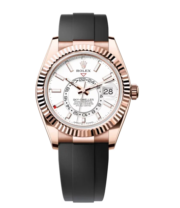 Rolex Sky-Dweller 42 Oyster Perpetual 18 ct Everose gold intense white dial Oysterflex band Reference 336235