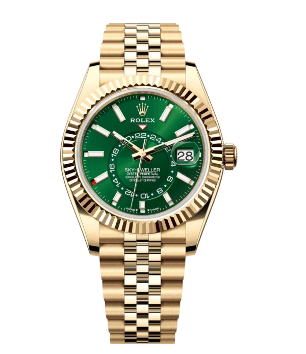 Rolex Sky-Dweller 42 Oyster Perpetual 18 ct yellow gold bright green dial Jubilee band Reference 336938