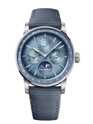 Audemars Piguet Code 11.59 Perpetual Calendar 18-carat white gold and smoked blue embossed dial blue textured rubber-coated strap Ref. 26494BC.OO.D350KB.01