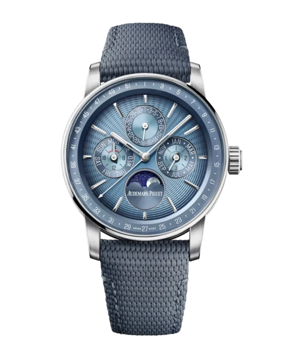 Audemars Piguet Code 11.59 Perpetual Calendar 18-carat white gold and smoked blue embossed dial blue textured rubber-coated strap Ref. 26494BC.OO.D350KB.01