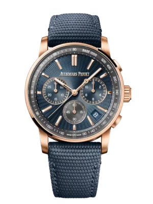 Audemars Piguet Code 11.59 Selfwinding Chronograph 18-carat pink gold and “Bleu nuit, Nuage 50” dial Blue rubber-coated strap Ref. 26393OR.OO.A348KB.01