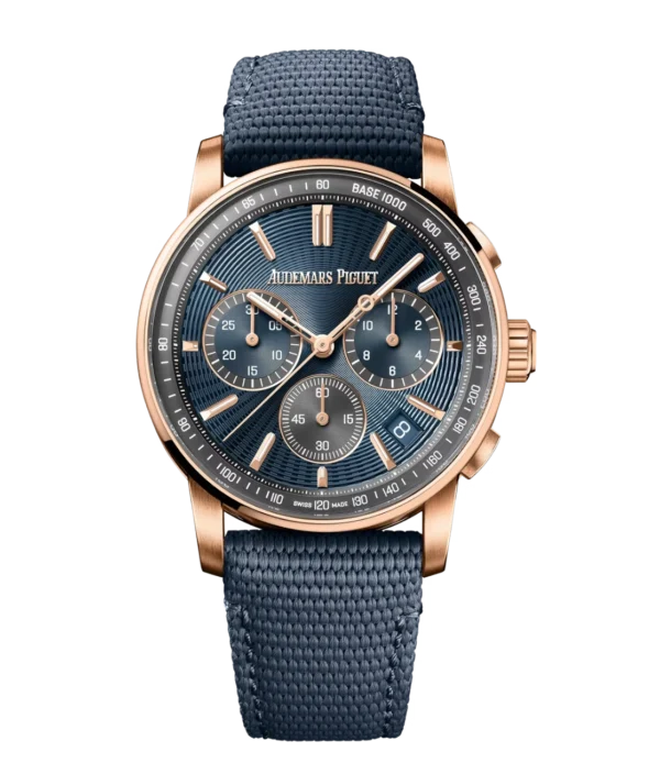 Audemars Piguet Code 11.59 Selfwinding Chronograph 18-carat pink gold and “Bleu nuit, Nuage 50” dial Blue rubber-coated strap Ref. 26393OR.OO.A348KB.01