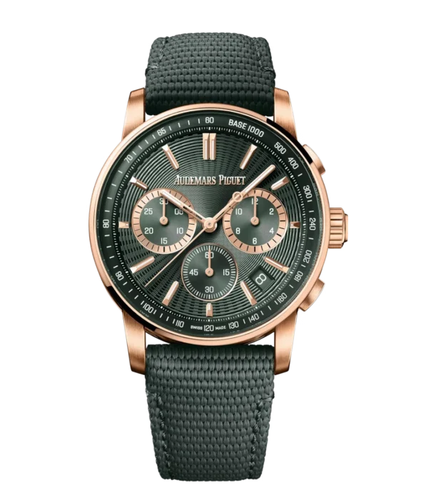 Audemars Piguet Code 11.59 Selfwinding Chronograph 18-carat pink gold and Green dial Green rubber-coated strap Ref. 26393OR.OO.A056KB.01