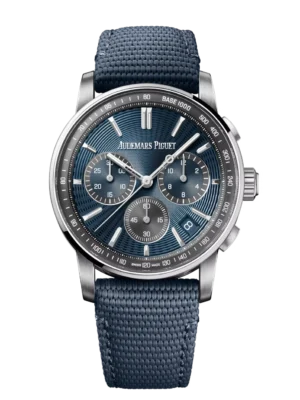 Audemars Piguet Code 11.59 Selfwinding Chronograph Stainless steel and “Bleu nuit, Nuage 50” dial Blue rubber-coated strap Ref. 26393ST.OO.A348KB.01