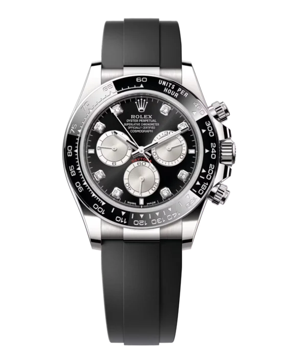 Rolex Cosmograph Daytona 40 Oyster Perpetual 18 ct white gold bright black and steel, diamond-set dial Oysterflex band Reference 126519LN