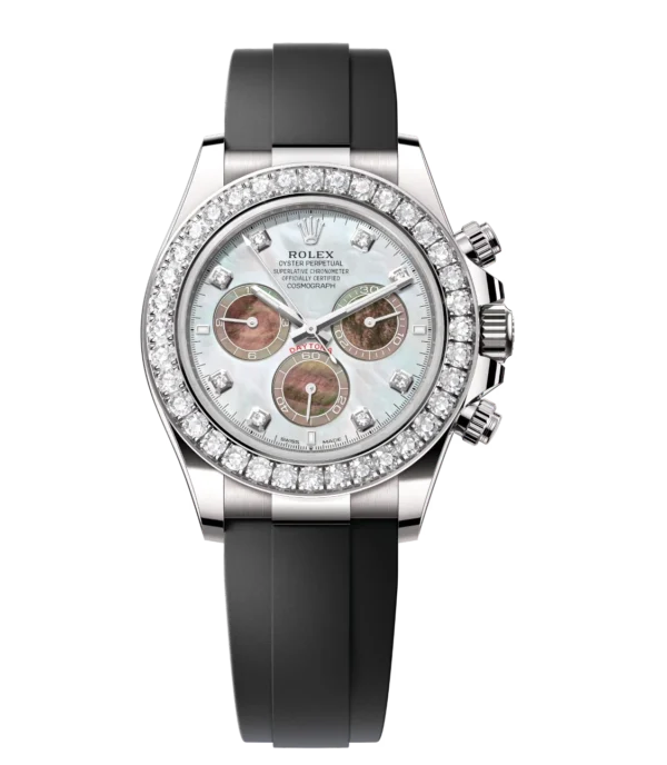 Rolex Cosmograph Daytona 40 Oyster Perpetual 18 ct white gold white and black mother-of-pearl, diamond-set dial Oysterflex band Reference 126589RBR