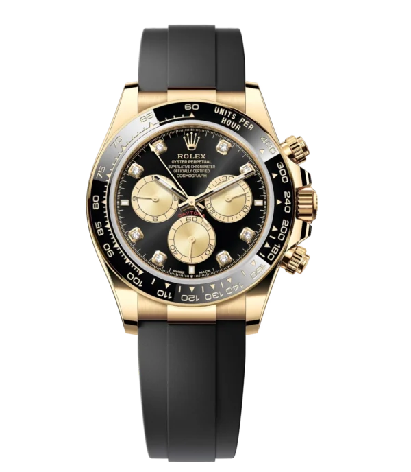 Rolex Cosmograph Daytona 40 Oyster Perpetual 18 ct yellow gold bright black and golden, diamond-set dial Oysterflex band Reference 126518LN