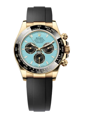 Rolex Cosmograph Daytona 40 Oyster Perpetual 18 ct yellow gold turquoise blue and black dial Oysterflex band Reference 126518LN