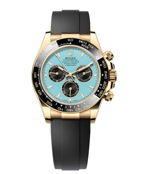 Rolex Cosmograph Daytona 40 Oyster Perpetual 18 ct yellow gold turquoise blue and black dial Oysterflex band Reference 126518LN