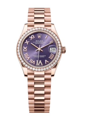 Rolex Datejust 31 Oyster Perpetual 18 ct Everose gold aubergine, diamond-set dial President band Reference 278285RBR