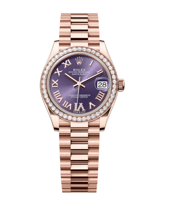 Rolex Datejust 31 Oyster Perpetual 18 ct Everose gold aubergine, diamond-set dial President band Reference 278285RBR