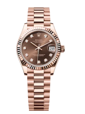 Rolex Datejust 31 Oyster Perpetual 18 ct Everose gold chocolate, diamond-set dial President band Reference 278275