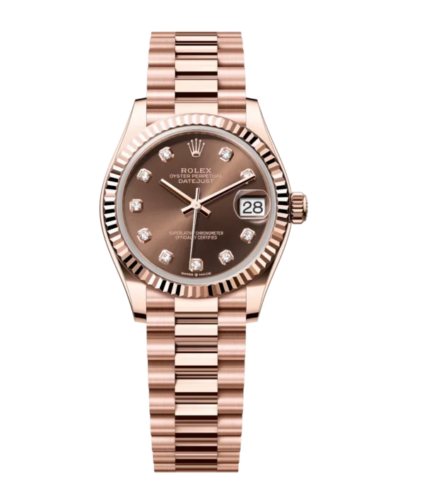 Rolex Datejust 31 Oyster Perpetual 18 ct Everose gold chocolate, diamond-set dial President band Reference 278275