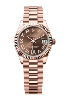 Rolex Datejust 31 Oyster Perpetual 18 ct Everose gold chocolate, diamond-set dial President band Reference 278275