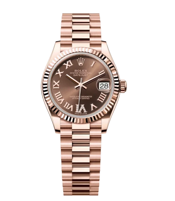 Rolex Datejust 31 Oyster Perpetual 18 ct Everose gold chocolate, diamond-set dial President band Reference 278275