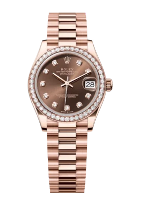 Rolex Datejust 31 Oyster Perpetual 18 ct Everose gold chocolate, diamond-set dial President band Reference 278285RBR