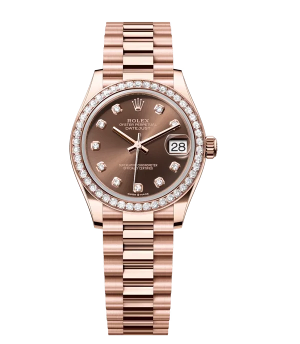 Rolex Datejust 31 Oyster Perpetual 18 ct Everose gold chocolate, diamond-set dial President band Reference 278285RBR