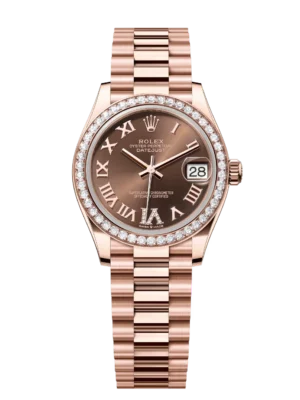 Rolex Datejust 31 Oyster Perpetual 18 ct Everose gold features a chocolate, diamond-set dial President band Reference 278285RBR