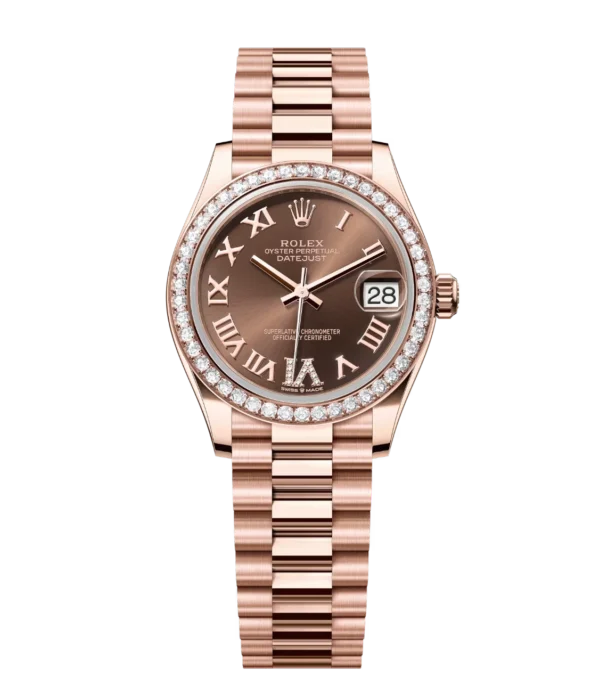 Rolex Datejust 31 Oyster Perpetual 18 ct Everose gold features a chocolate, diamond-set dial President band Reference 278285RBR