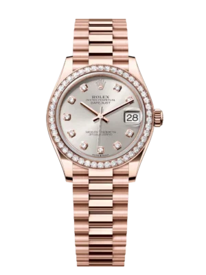Rolex Datejust 31 Oyster Perpetual 18 ct Everose gold features a silver diamond-set dial President band Reference 278285RBR