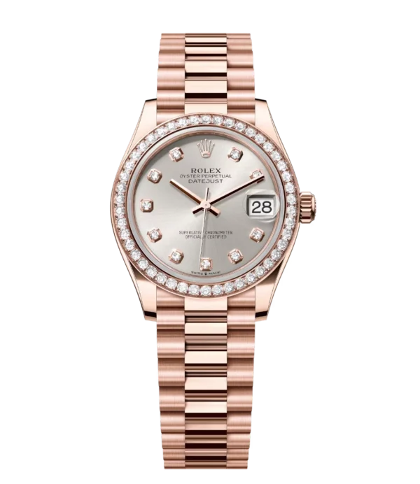 Rolex Datejust 31 Oyster Perpetual 18 ct Everose gold features a silver diamond-set dial President band Reference 278285RBR