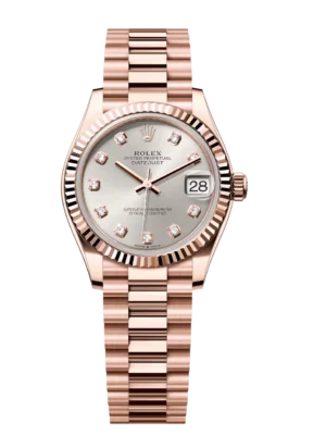 Rolex Datejust 31 Oyster Perpetual 18 ct Everose gold silver, diamond-set dial President band Reference 278275