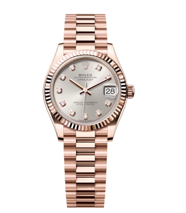 Rolex Datejust 31 Oyster Perpetual 18 ct Everose gold silver, diamond-set dial President band Reference 278275