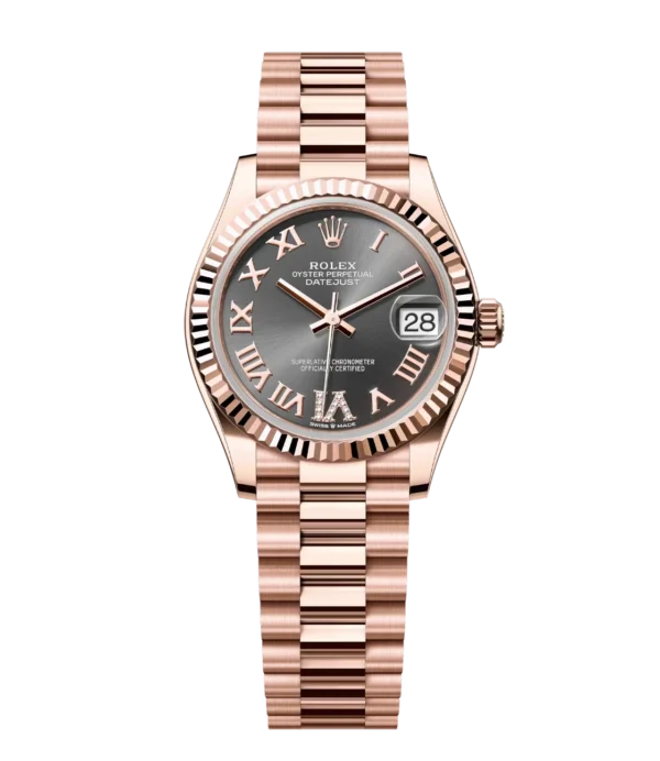 Rolex Datejust 31 Oyster Perpetual 18 ct Everose gold slate, diamond-set dial President band Reference 278275