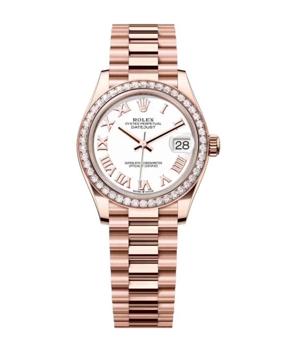 Rolex Lady-Datejust 28 Oyster Perpetual 18 ct Everose gold white dial President band Reference 279135RBR