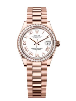 Rolex Datejust 31 Oyster Perpetual 18 ct Everose gold white dial President band Reference 278285RBR