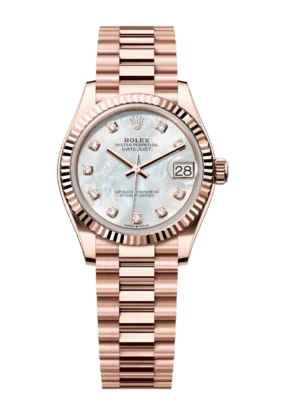 Rolex Datejust 31 Oyster Perpetual 18 ct Everose gold white mother-of-pearl, diamond-set dial President band Reference 278275