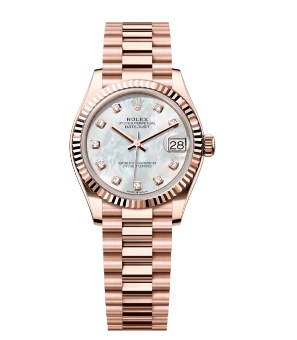 Rolex Datejust 31 Oyster Perpetual 18 ct Everose gold white mother-of-pearl, diamond-set dial President band Reference 278275