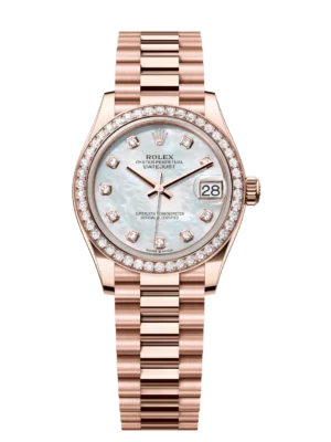 Rolex Datejust 31 Oyster Perpetual 18 ct Everose gold white mother-of-pearl, diamond-set dial President band Reference 278285RBR