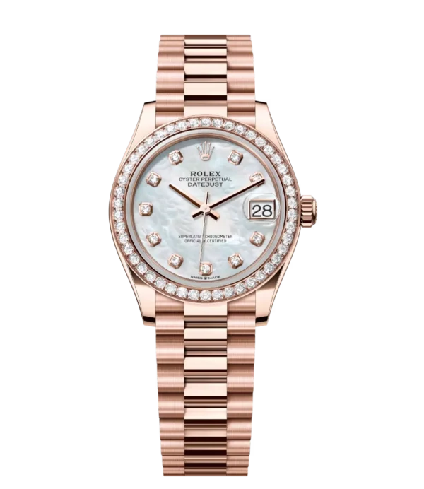 Rolex Datejust 31 Oyster Perpetual 18 ct Everose gold white mother-of-pearl, diamond-set dial President band Reference 278285RBR