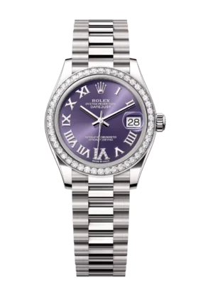 Rolex Datejust 31 Oyster Perpetual 18 ct white gold aubergine, diamond-set dial President band Reference 278289RBR