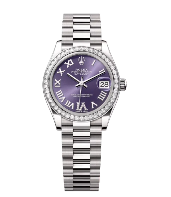 Rolex Datejust 31 Oyster Perpetual 18 ct white gold aubergine, diamond-set dial President band Reference 278289RBR