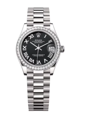 Rolex Datejust 31 Oyster Perpetual 18 ct white gold bright black dial President band Reference 278289RBR