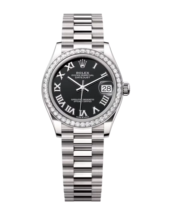 Rolex Datejust 31 Oyster Perpetual 18 ct white gold bright black dial President band Reference 278289RBR