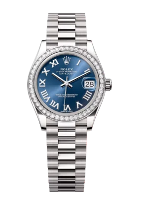 Rolex Datejust 31 Oyster Perpetual 18 ct white gold bright blue dial President band Reference 278289RBR