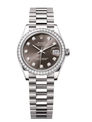 Rolex Datejust 31 Oyster Perpetual 18 ct white gold dark grey, diamond-set dial President band Reference 278289RBR