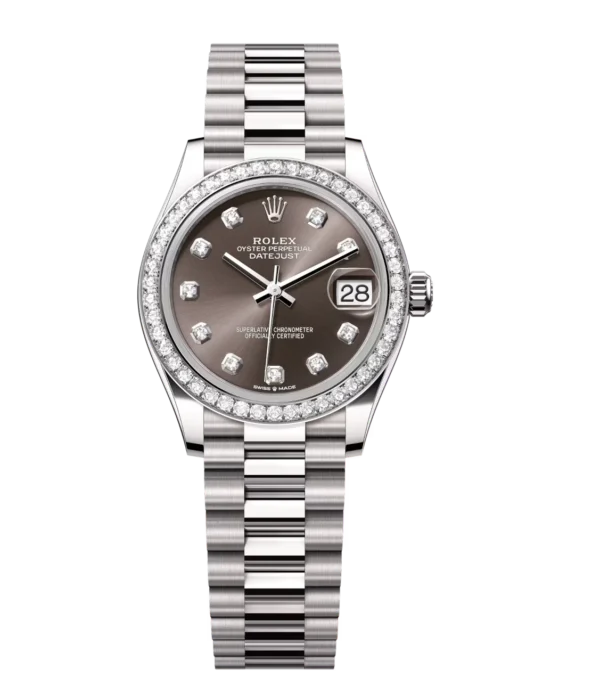 Rolex Datejust 31 Oyster Perpetual 18 ct white gold dark grey, diamond-set dial President band Reference 278289RBR