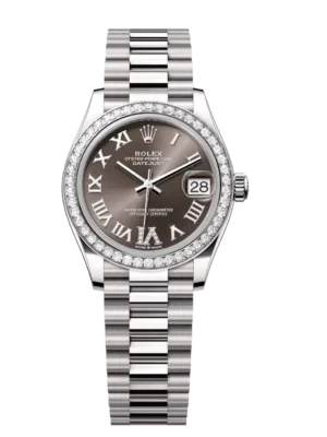 Rolex Datejust 31 Oyster Perpetual 18 ct white gold dark grey, diamond-set dial President band Reference 278289RBR