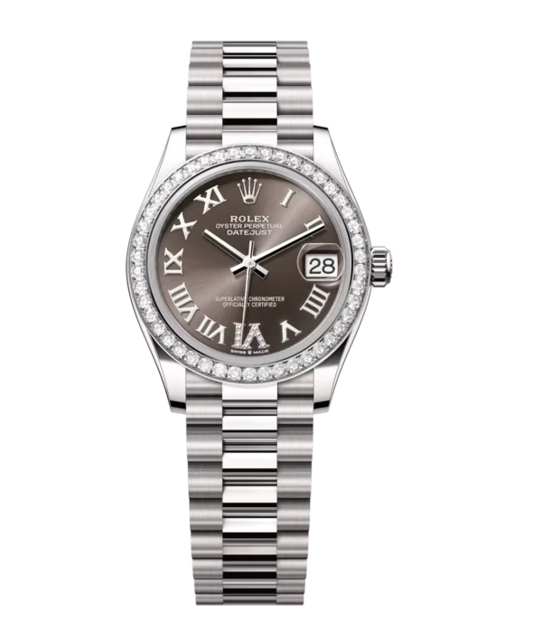 Rolex Datejust 31 Oyster Perpetual 18 ct white gold dark grey, diamond-set dial President band Reference 278289RBR