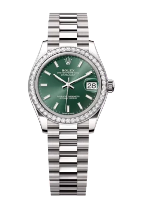 Rolex Datejust 31 Oyster Perpetual 18 ct white gold mint green dial President band Reference 278289RBR