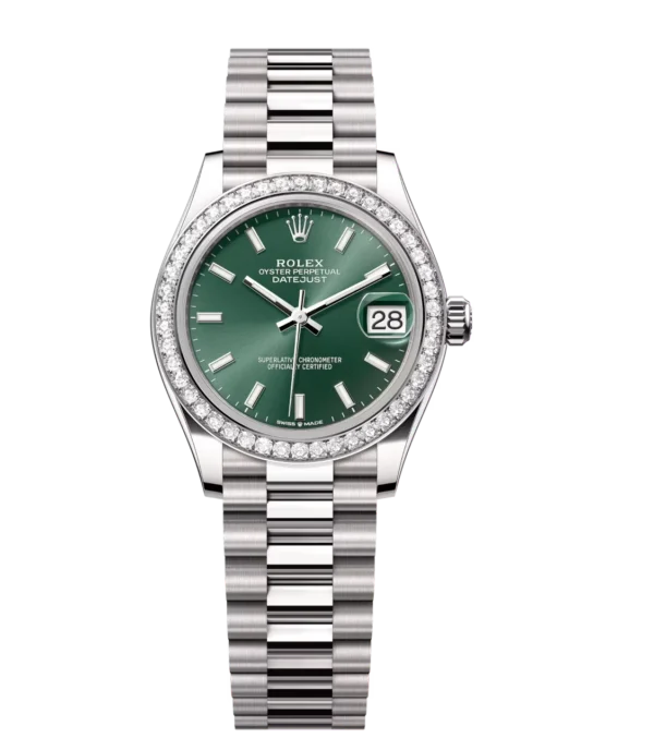 Rolex Datejust 31 Oyster Perpetual 18 ct white gold mint green dial President band Reference 278289RBR