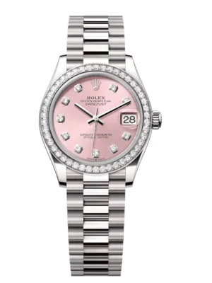Rolex Datejust 31 Oyster Perpetual 18 ct white gold pink, diamond-set dial President band Reference 278289RBR