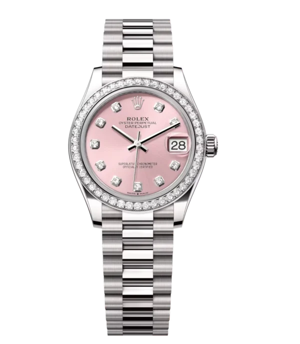 Rolex Datejust 31 Oyster Perpetual 18 ct white gold pink, diamond-set dial President band Reference 278289RBR